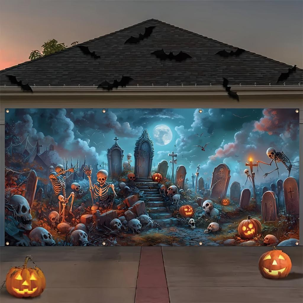 Spooky Halloween Garage Banner - Vibrant Skull & Pumpkin Design with Tombstone, Durable Polyester Outdoor Decor
