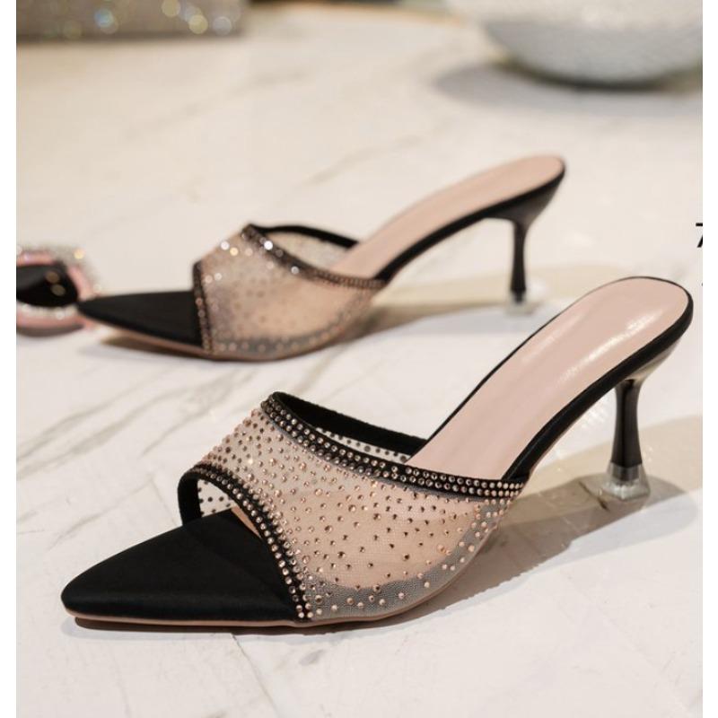 Fashion French Women Summer Outside Wear Slides 2025 New High-heeled Sandals Stilettos Pointed Toes Open-toed Slippers