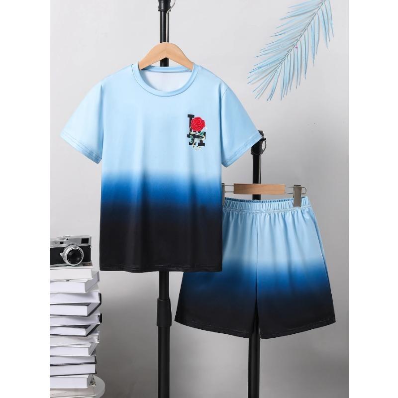 2-Piece Set of Boys' Blue White Gradient Round Neck T-Shirts with Letter Print Pattern Comfortable Breathable Shorts Suitable for Outdoor Sports Wear