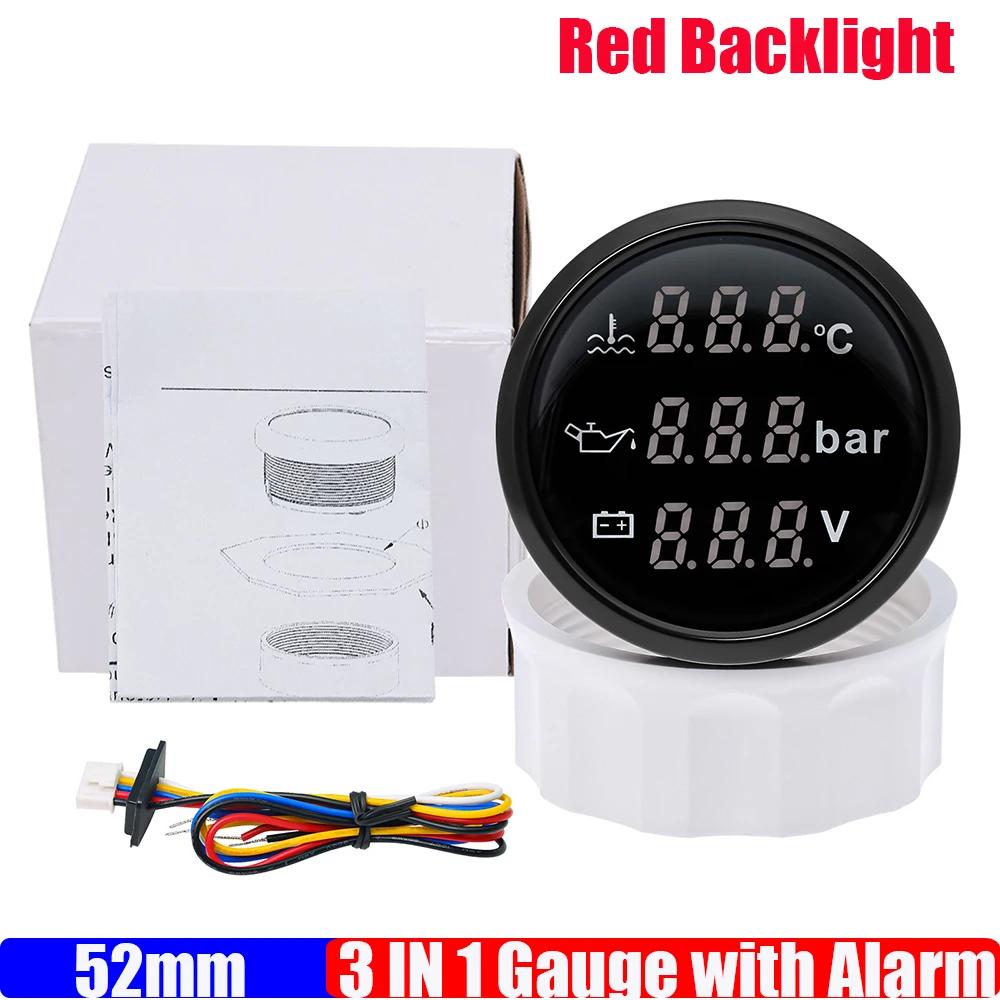 52mm Water Temp+Oil Pressure+Voltmeter with Alarm Waterproof Multi 3 IN 1 Gauge 10Bar Oil Pressure for All Car Boat Yacht 12V24V