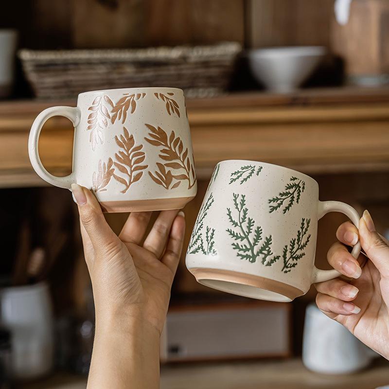 Pastoral Mug Ceramic Cup Delicate Relief Leaf Cup Household Water Cup Large Capacity Japanese Coffee Cup