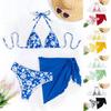 3-teiliges Badeanzug-Set Neckholder Brustpolster Bügelloser BH Badehose Transparenter Besatz Überwurf Rock Set Blumenprint Zweiteiliger Badeanzug