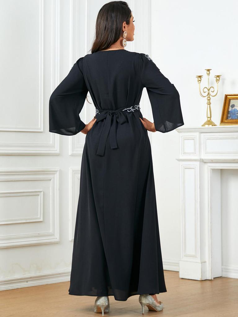 Women's V-Neck Embroidered Beaded Long Dress - Elegant Muslim Robe