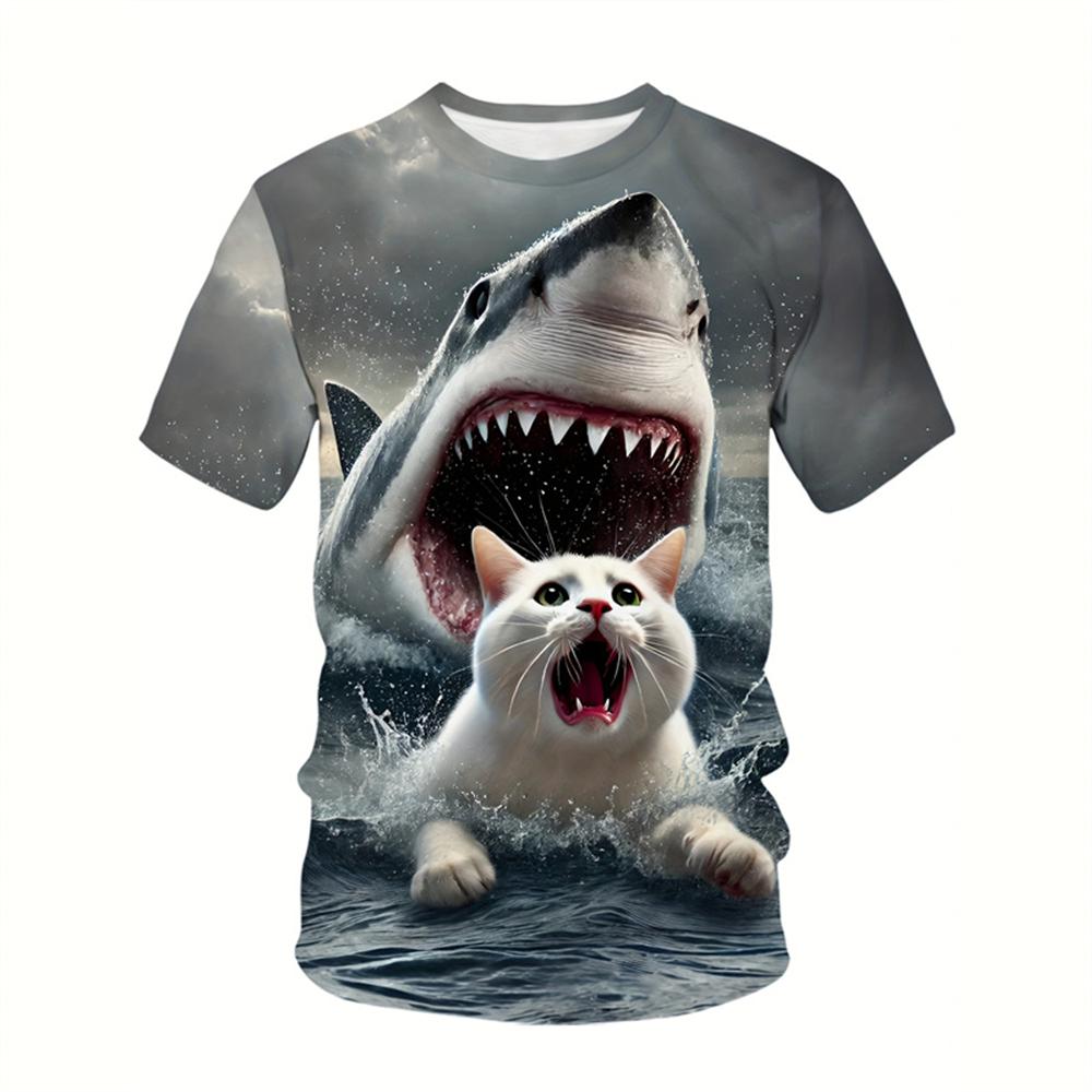 Summer Round Neck 3D Cute Cat Print Top Fashionable Casual Short Sleeved Men's T-shirts