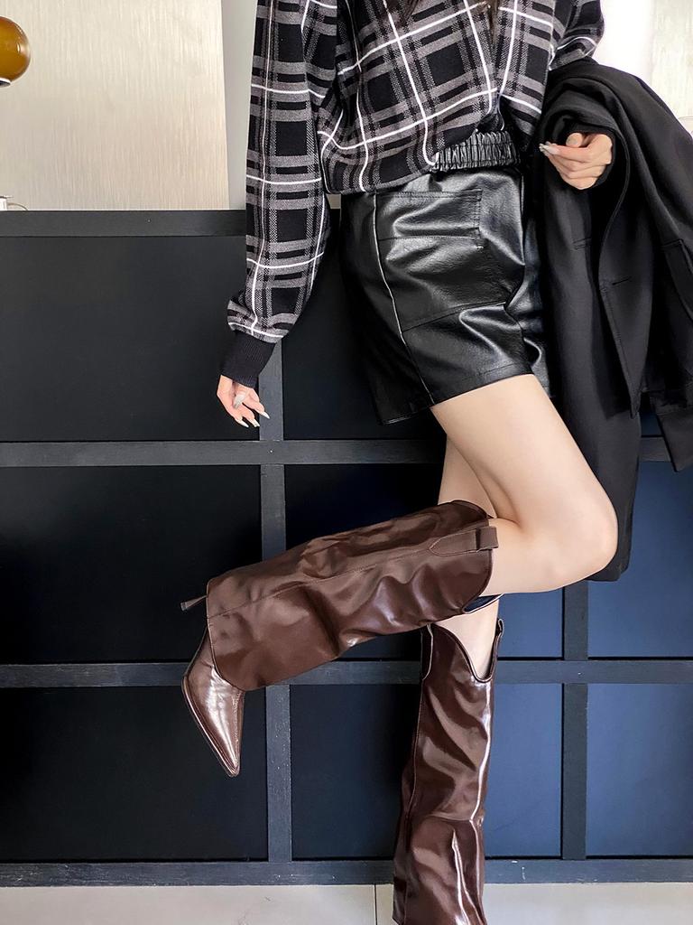 Fashion Pointed Toe Women Knee High Boots Stiletto Thin High Heels Beige White  Brown Slip On Fashion Dress Shoes Woman Size 35-40