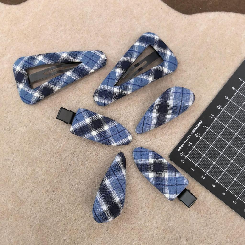 Korean Retro Blue Plaid Fabric Hair Clip for Women - Stylish Bangs & BB Side Clip for Flyaways