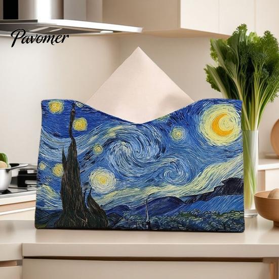Decorative Paper Dispenser Leather Tissue Box Cover, Foldable Desktop Organizer, Oil Painting Style Napkin Holder Case, Space Saving Organizer Facial