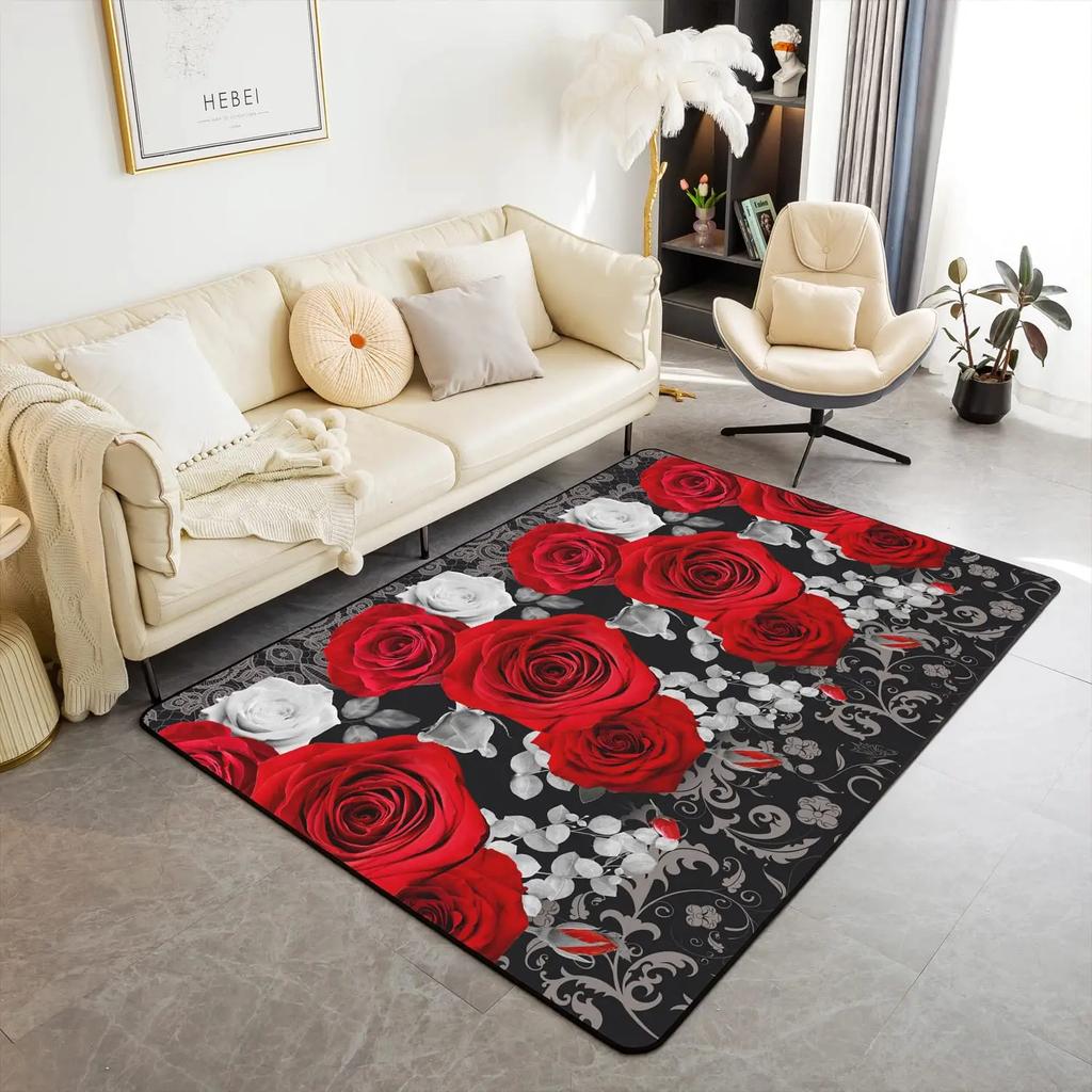 Carpet for Living Room Romantic Black White Red Rose Flower Painting Area Rug Abstract Non-Slip Bedside Floor Mats Home Decor