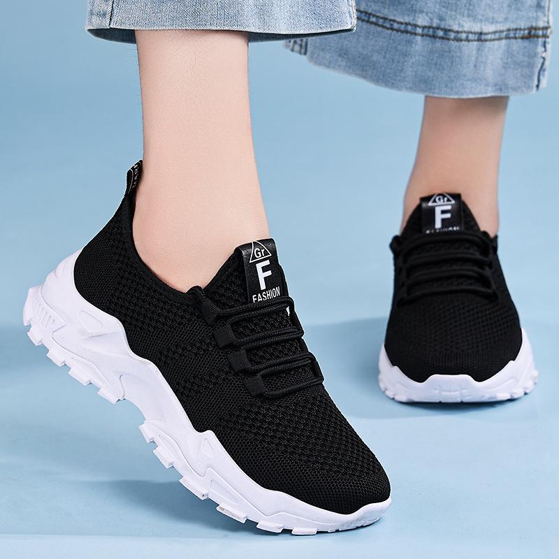 Buty damskie, buty sportowe, nowe oddychające buty tkane w locie, wszechstronne siateczkowe buty pojedyncze, amortyzujące buty do biegania na grubej podeszwie