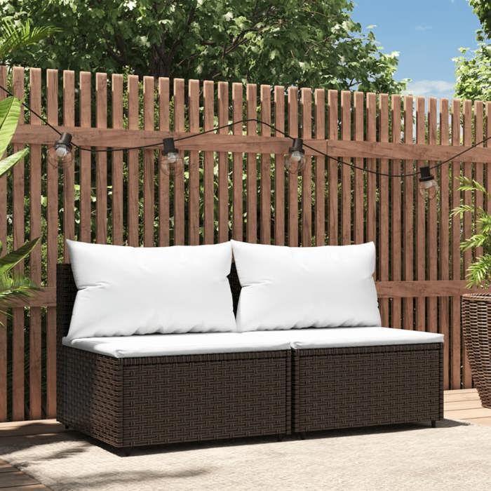 VidaXL Canapés centraux de jardin coussins 2pcs marron résine tressée, canapé, canapé de jardin, canapé central sectionnel, 319754