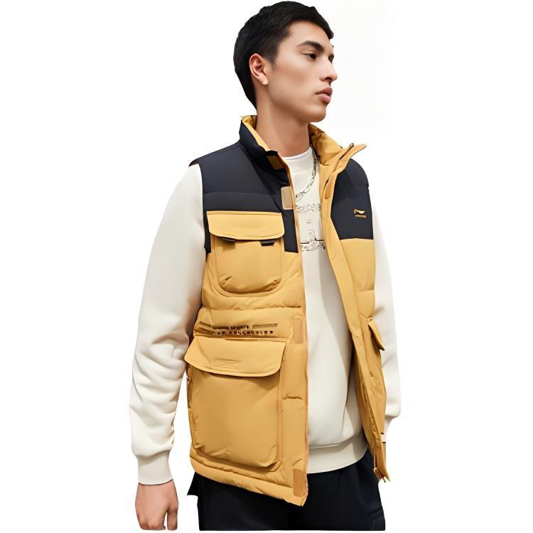 Li Ning Sports Trend Series Color Block Warm Stand Collar Down Vest Men Vests Brown AMRR027-4
