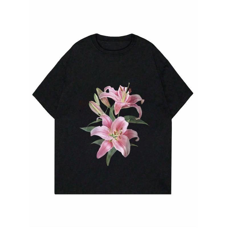 Black Loose Fit T Shirt With Pink Lily Flower Print For Casual Wear
