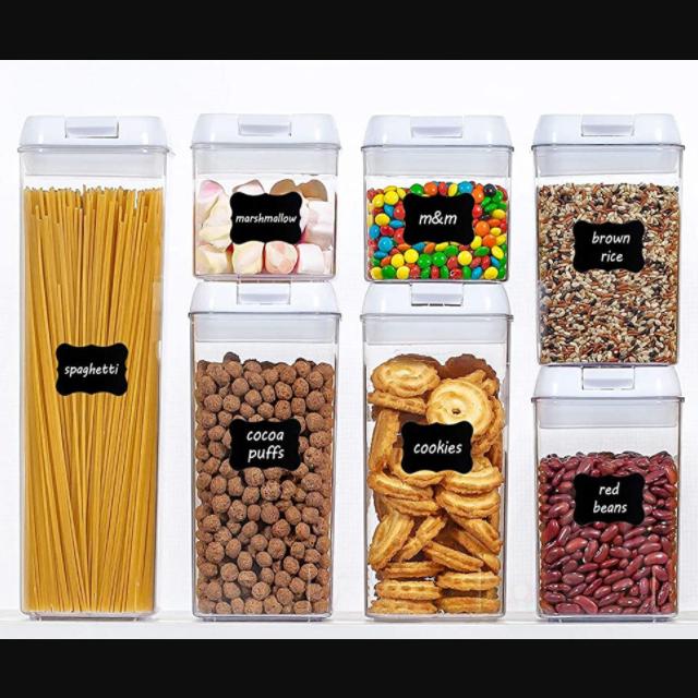 Sada vzduchotěsných nádob na skladování potravin – 7 PC set – Štítky – Nádoby pro uspořádání kuchyně a spíže – Bez BPA – Průhledné plastové kanystry na mouku