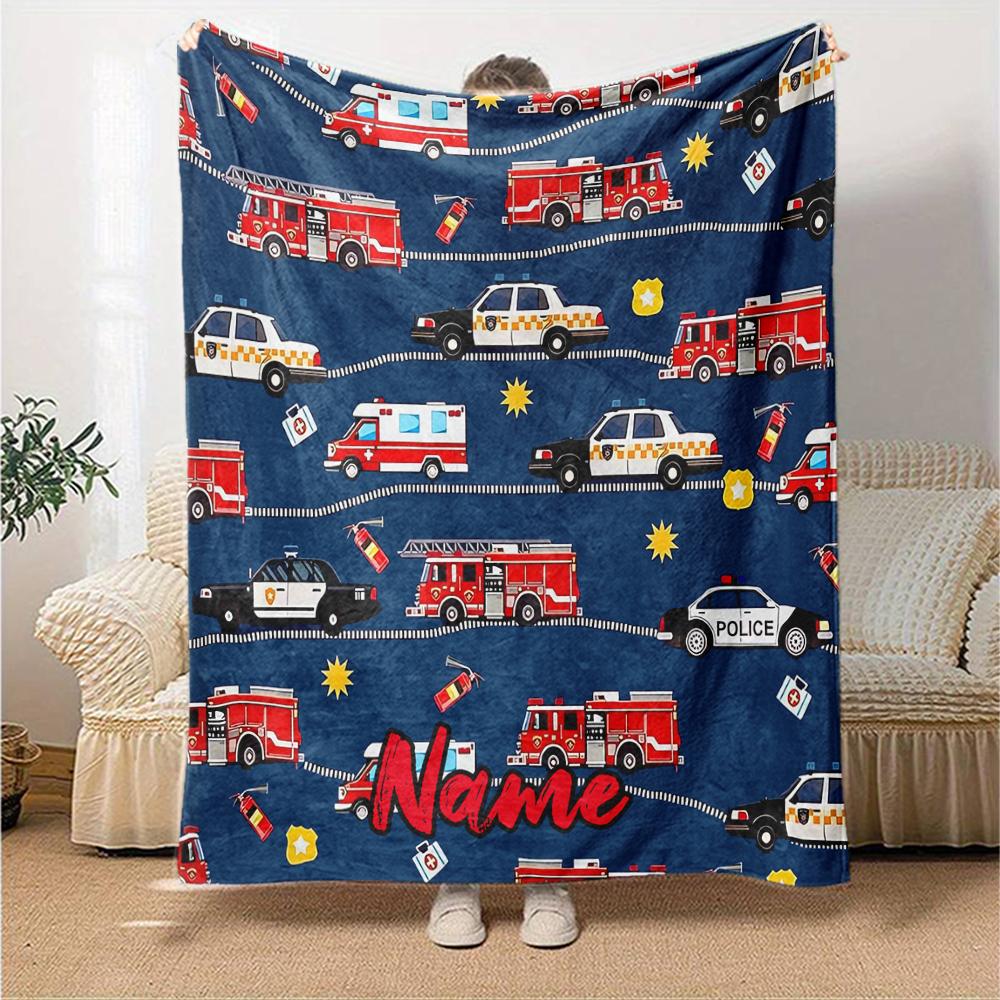 Custom Name fire truck Theme Printed Blanket - Perfect for Couch, Bed, Travel & Outdoor Use | Machine Washable, Cozy & Durable.