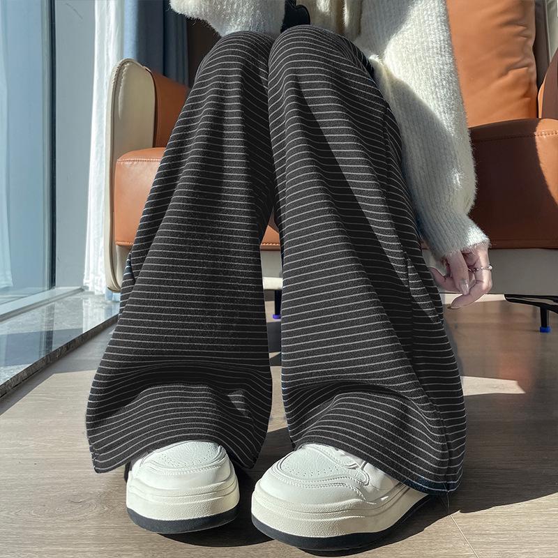 New Arrival: Striped Fleece-Lined Wide-Leg Pants for Petite Pear-Shaped Figures - Winter Casual Fashion. Double Extra Large