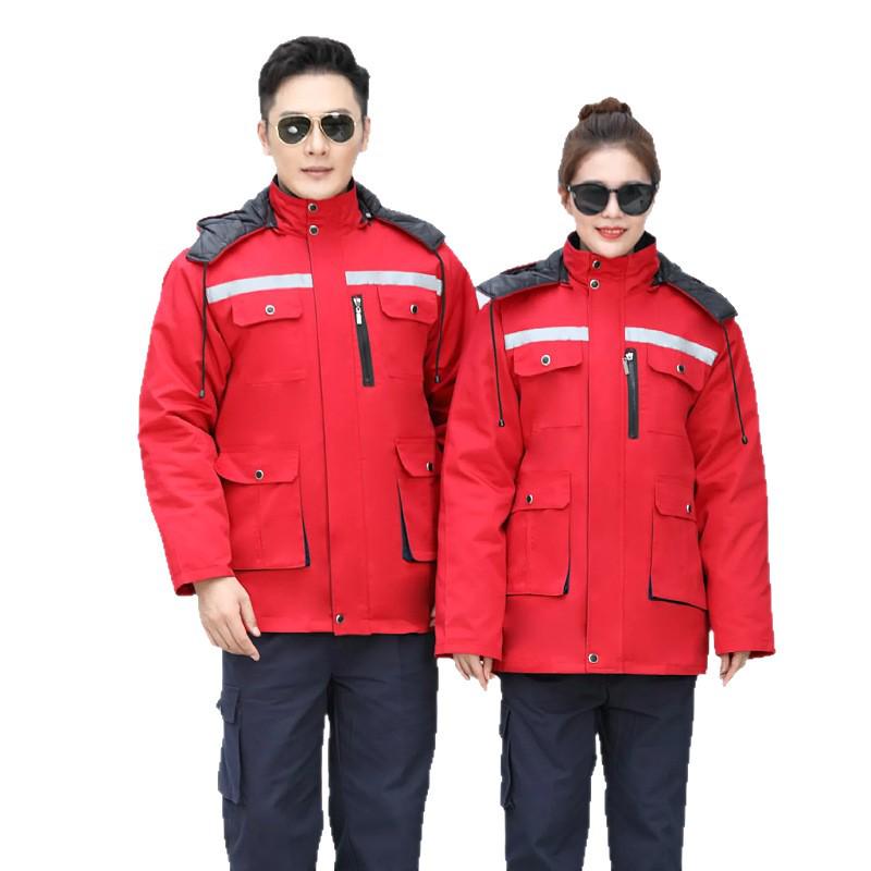 Winter Thermal Work Coat with Reflective Stripes - Insulated, Cold-Proof, Durable for Warehouse & Logistics.