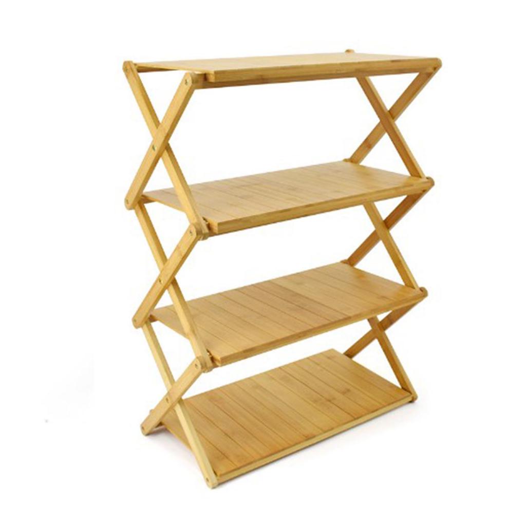 Wooden Foldable Shelf Multi Layer Space Saving Powerful Load Bearing Portable Storage Rack for Outdoor Camping 4 Layers