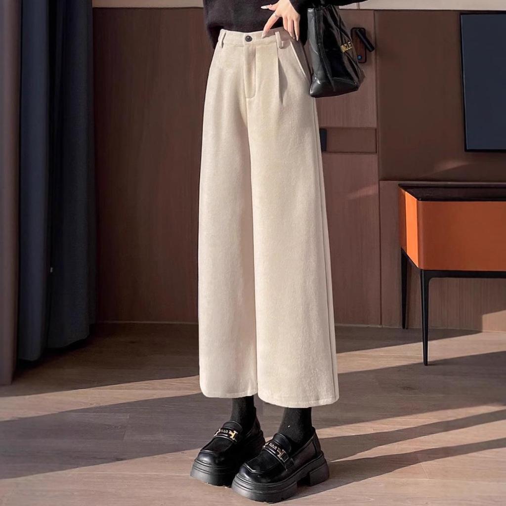 2024 Autumn/Winter Women's Black High-Waisted Woolen Wide-Leg Pants
