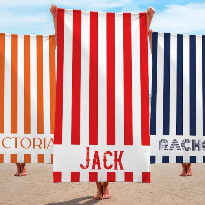 Striped Personalized Name Beach Towels Custom Name Beach Towel Christmas Anniversary Birthday Bach Trip Gift For Family Members