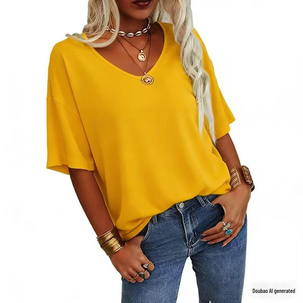 Women's V-Neck Short Sleeve Loose T-Shirt - Casual Basic Top