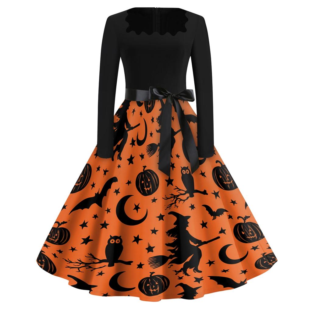 Women's Square Neck Retro Dress with Halloween Print for Casual Parties and Festive Occasions