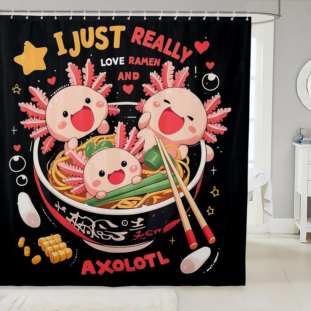 Ramen Noodle Shower Curtain Set Bathroom Decor for Kids Girls Boys,Japanese Style Bathroom Set Funny Food Fabric Shower Curtain