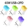 65W Gallium Nitride Gradient Charger with Multi-port 1USB + 2PD, 5V2A with Colorful Light