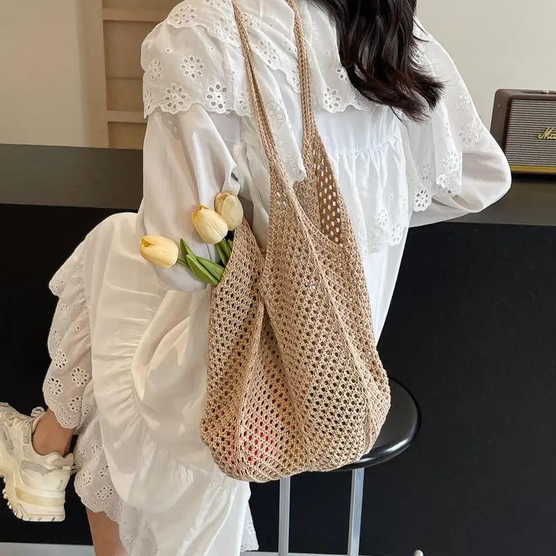 Women Crochet Tote Candy Bag Fashi Knitted Large Capacity Woven Shoulder Bags Solid Color Simple Shopping Bag for Summer Beach