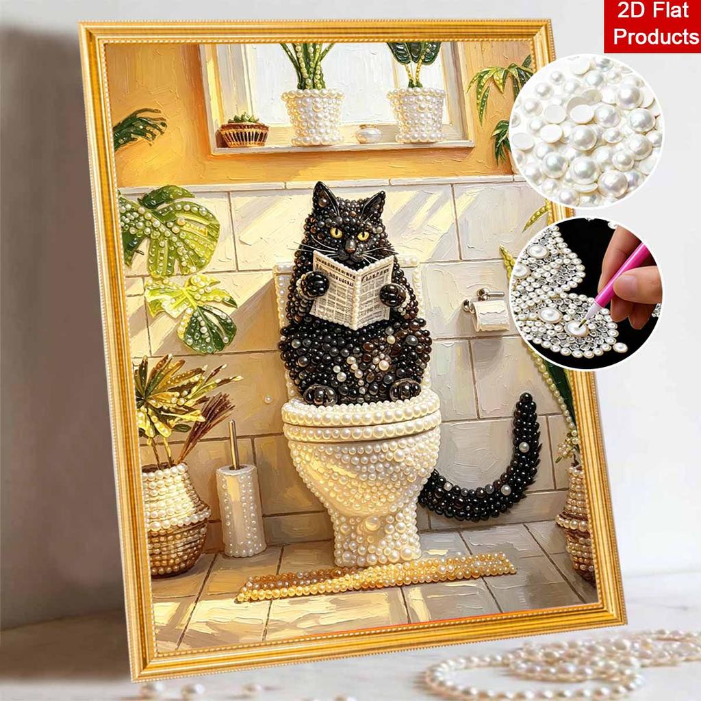 Elegant Framed Pearl Art DIY Set with Funny Black Cat Reading Newspaper 5D Sparkling Bead Canvas Painting Ready to Display Home Decor Gift