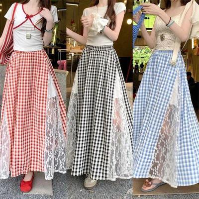 High-Waist A-Line Plaid Skirt with Lace Trim, Plus Size