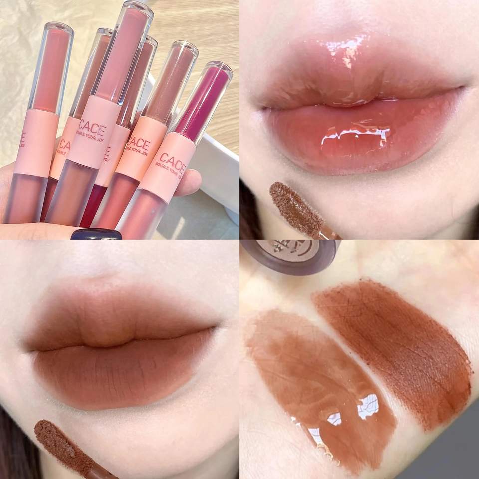 CACE Double Head Lesk na rty Sexy Red Lip Makeup Lip Mud Mirror Vodní lesk Lip Glaze Matná rtěnka Voděodolná korejská kosmetika