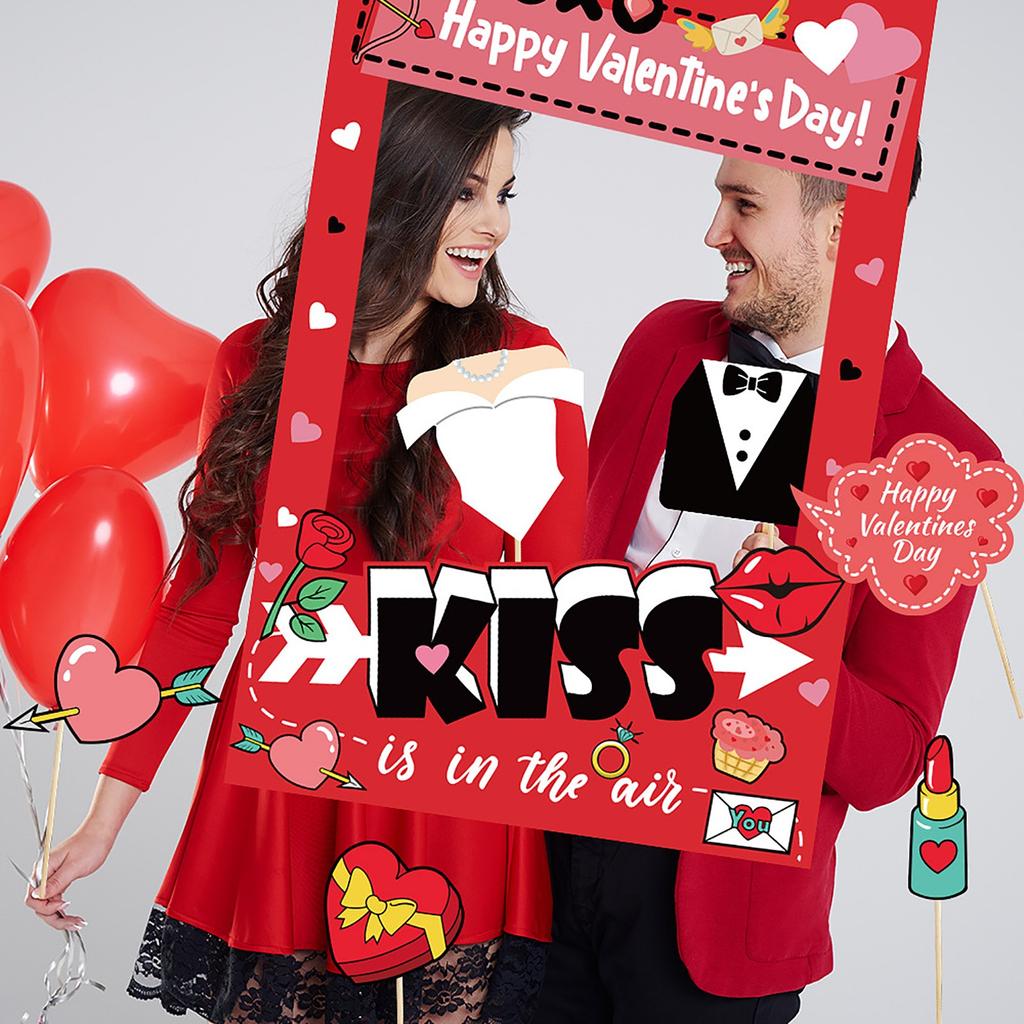 Valentine's Day Party Photo Booth Props Set With Paper Frame, Fun Decoration Kit For Adults And Kids