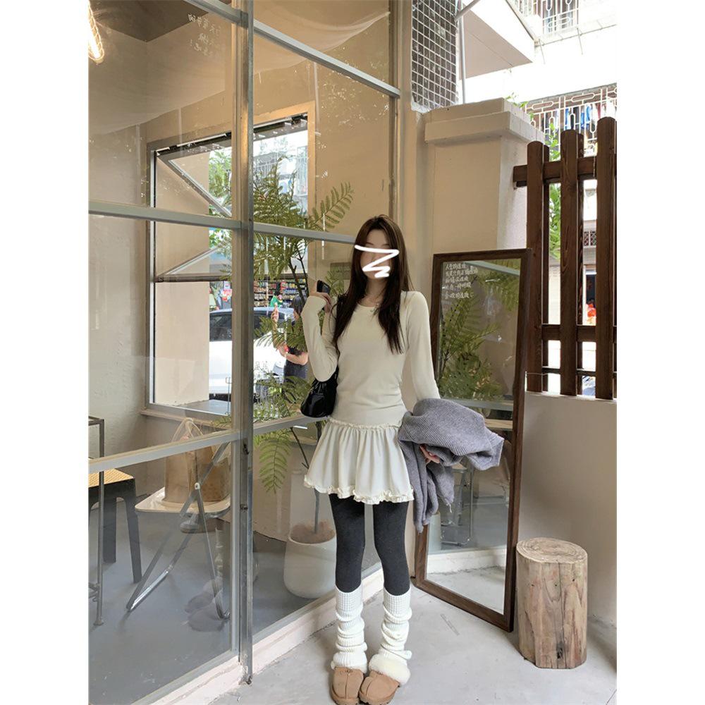 DeRong 2025 Autumn/Winter Women's Lace Trim Slim Fit Long Sleeve T-shirt