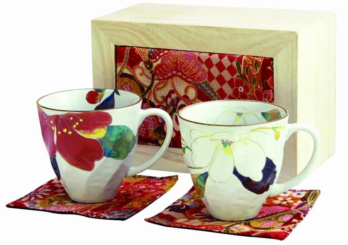 

Ceramic Ai Hanakairo Pair of Mugs, Camellia/Magnolia Design, Chirimen Wooden Box, 02483
