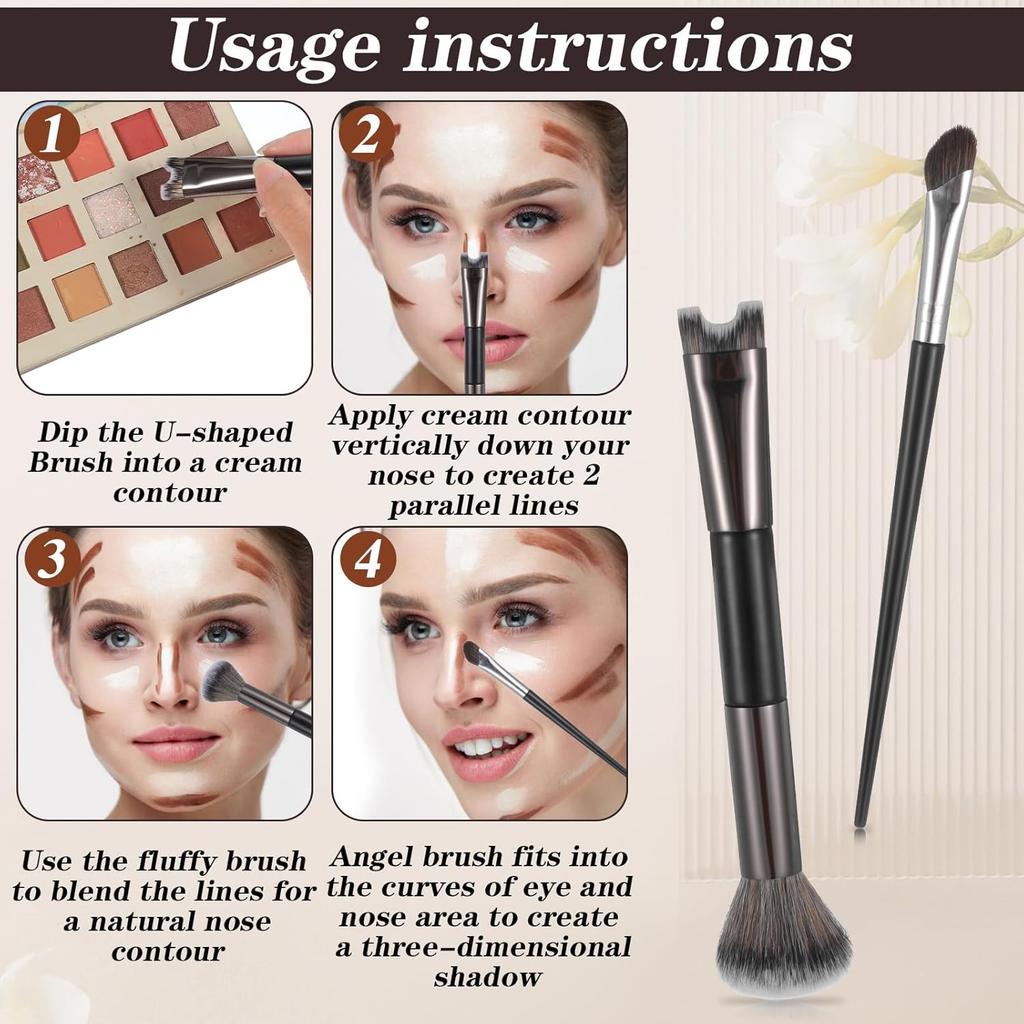 2pcs Nose Contour Brushes Nose Makeup Brush Noses Contouring Brush U-Shaped Angled Tilt Sculpting Fluffy Dual-Ended Makeup Brushes Noses Angled Cheek