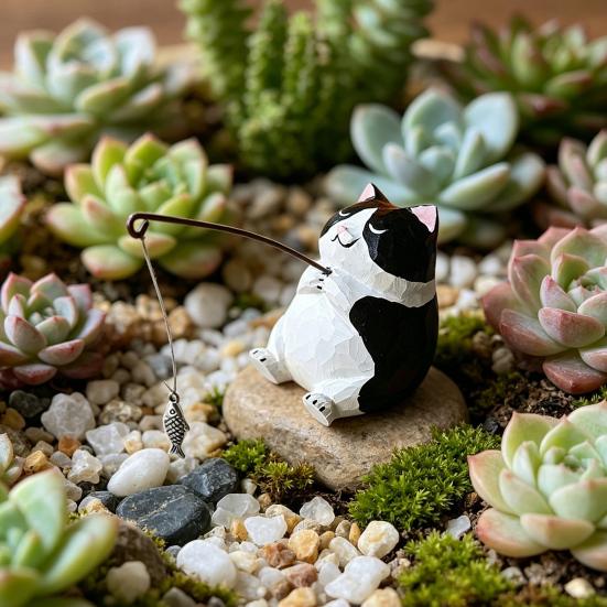 Hand-Carved Wood Ornaments Fishing Cat Sculpture Miniature Solid Wood Desktop Decor Eco-Friendly Painted Cat Figurine for Home Office Gift