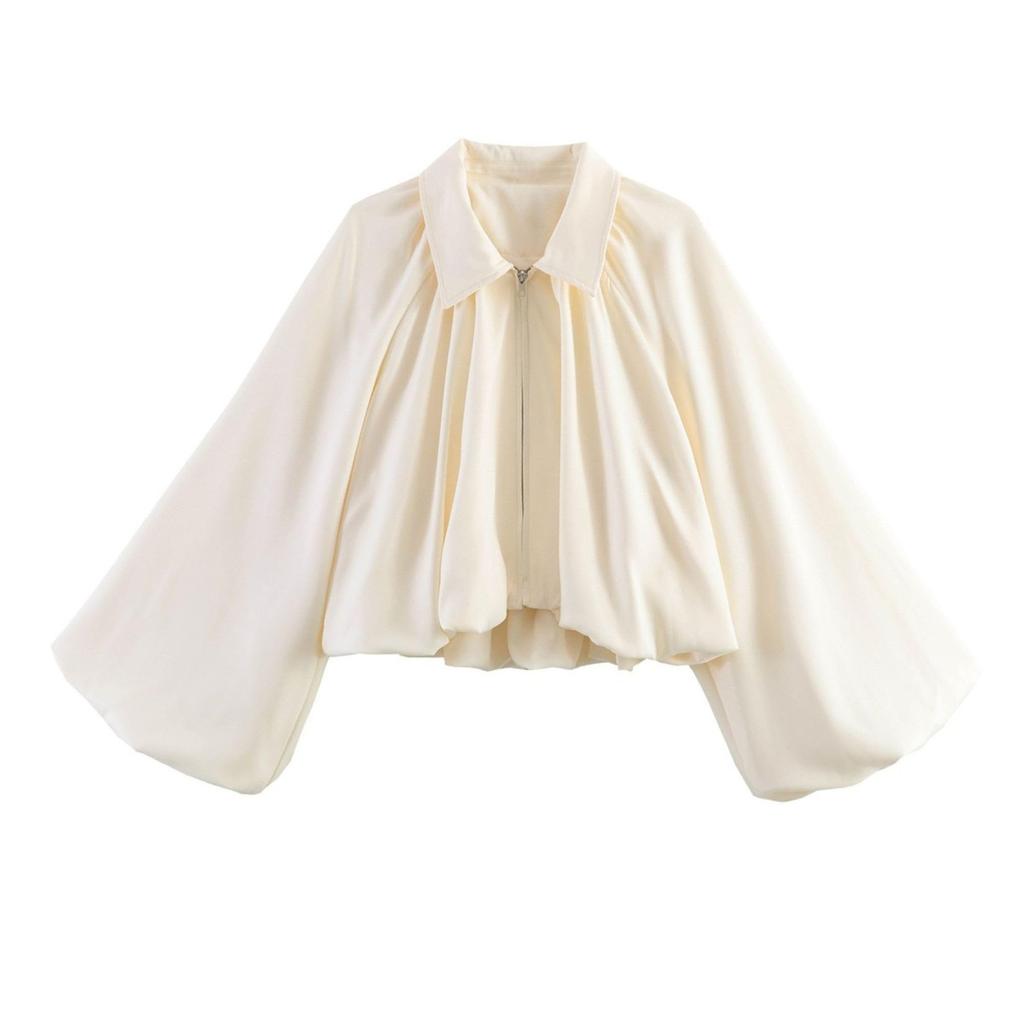 Women's Balloon Sleeve Zip Front Cropped Bomber Jacket with Turn Down Collar and Pleated Hem for Casual and Streetwear