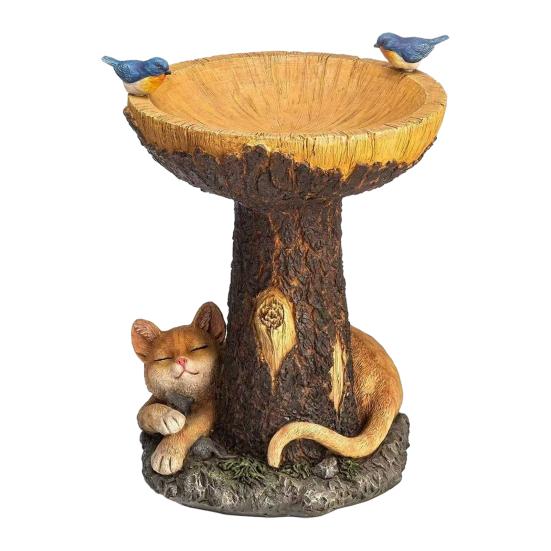 Garden Bird Bath Bowl Outdoor Raccoon/Sunflower/Cat/Owl Statue Resin Tree Stump Bird Feeder Fountains for Backyard Patio Lawn Decor