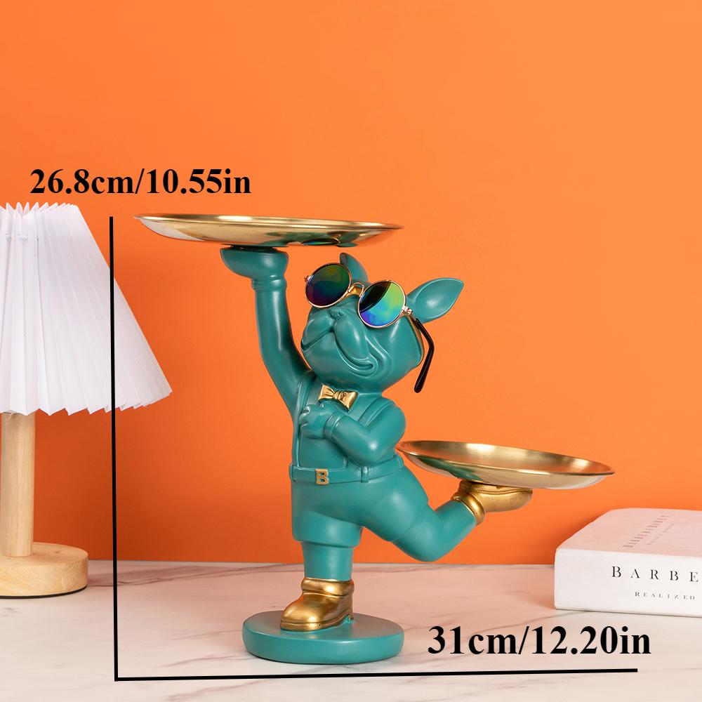 Estatua de Perro de Resina Genial con 2 Bandejas y Gafas Lindas Figurilla de Bulldog Francés Negro Adornos Esculturas de Animales Decoración Aniversario