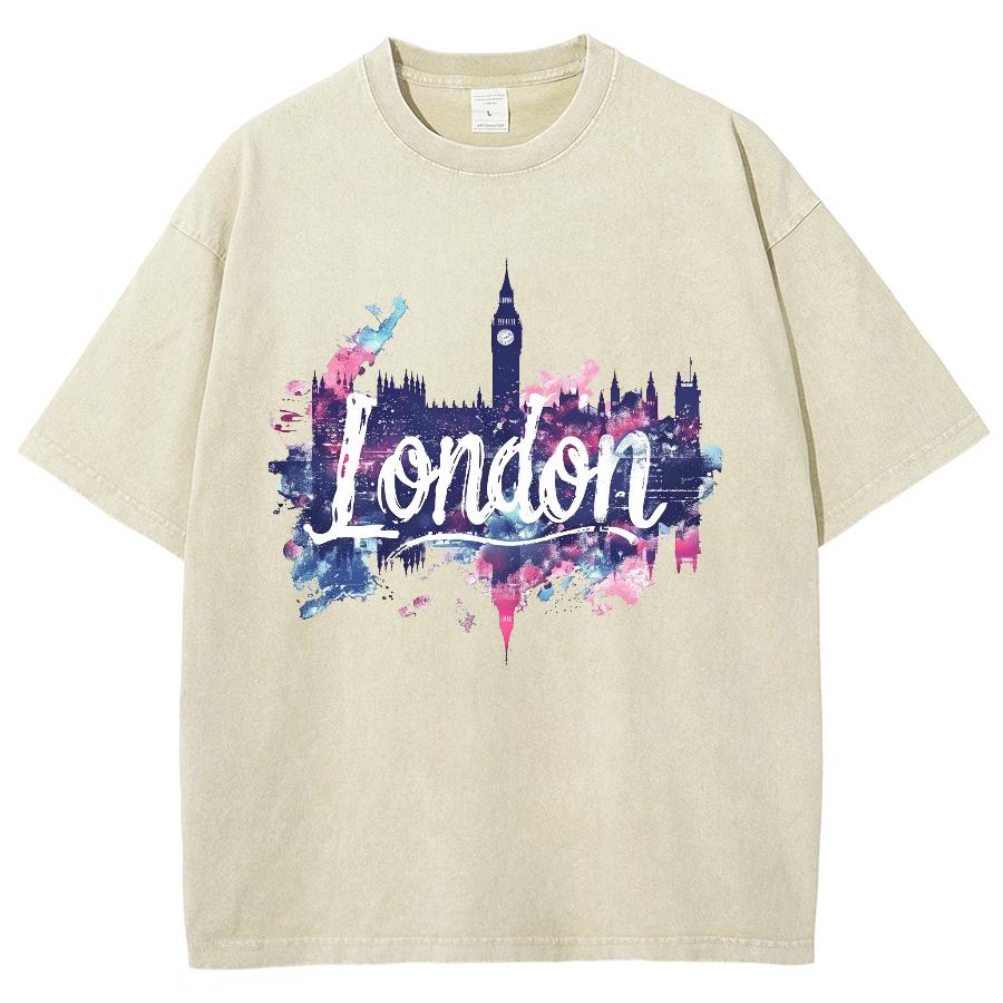 Londyn T-shirt Damski z Nadrukiem Listów Rozpryskanych Tuszem Bawełna Płukana Oversize Krótki Rękaw Moda Marka Modowa Top Uliczny Czarny