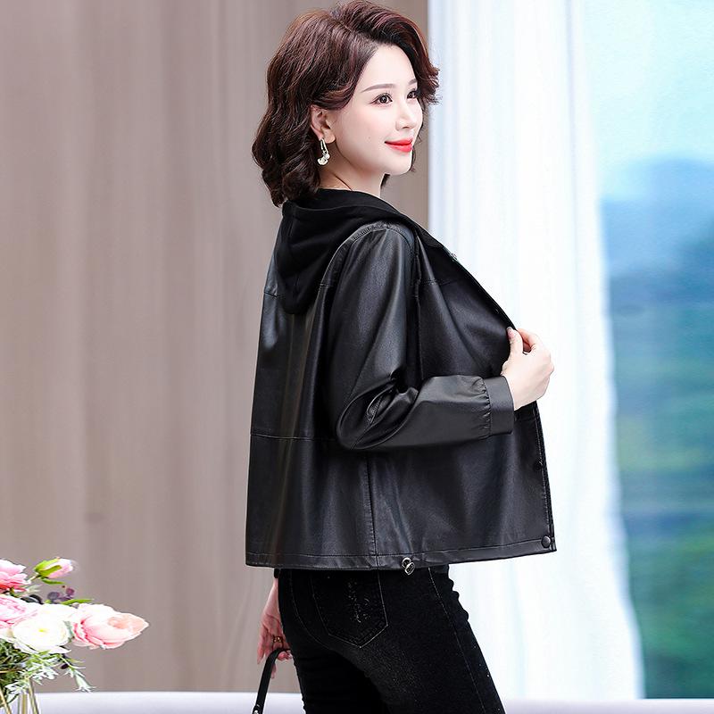 Women's Spring Hooded PU Leather Jacket - Short Style for Middle-Aged and Elderly Ladies