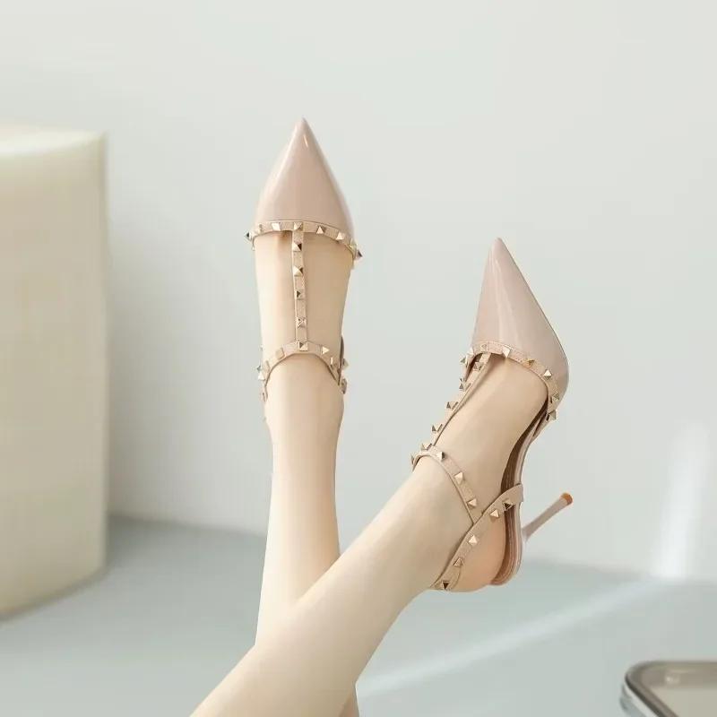 Fashion 2025Women's Summer Baotong Sandals Pointed Head Shallow Mouth Rivets with A Line with Anti-slip Wear-resistant High Heels