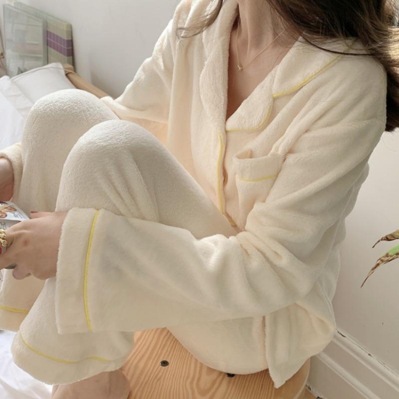 

Женская зимняя новая корейская домашняя одежда однотонная фланелевая милая теплая пижама с длинным рукавом