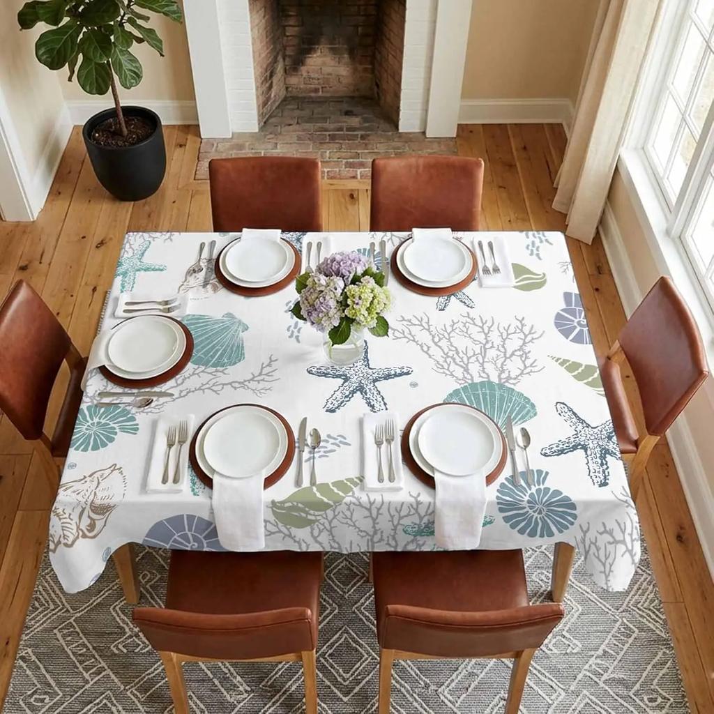 1Pc Marine Style Tablecloth White Seashell Starfish Coral Print Table Cover For Kitchen Dining Room Decorative Dustproof Dustpr