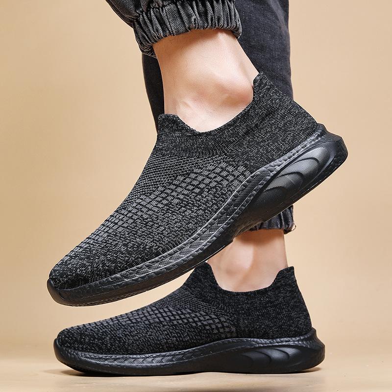 Large Size Fly-woven Lightweight Men's Shoes One-pedal Sports Shoes Casual Large Size Knitted Socks Shoes Soft Sole Dad Black Shoes