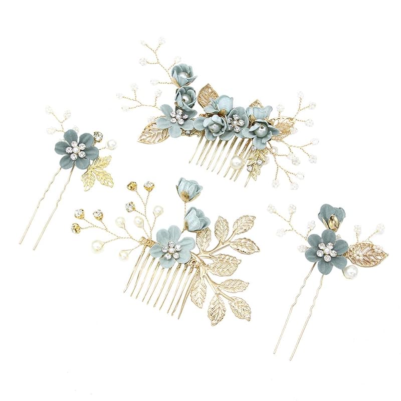 NUOBESTY 4 Pcs Wedding Hair Comb Rhinestones Crystal Floral Bridal Hair Clips Hair Pin Hair Jewelry for Wedding Dress Accessories -Blue