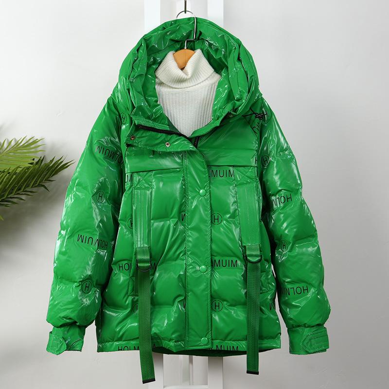 

Женский осенне-зимний пуховик, женский средней длины выше колена, яркое пальто с надписью без принта M зелёный