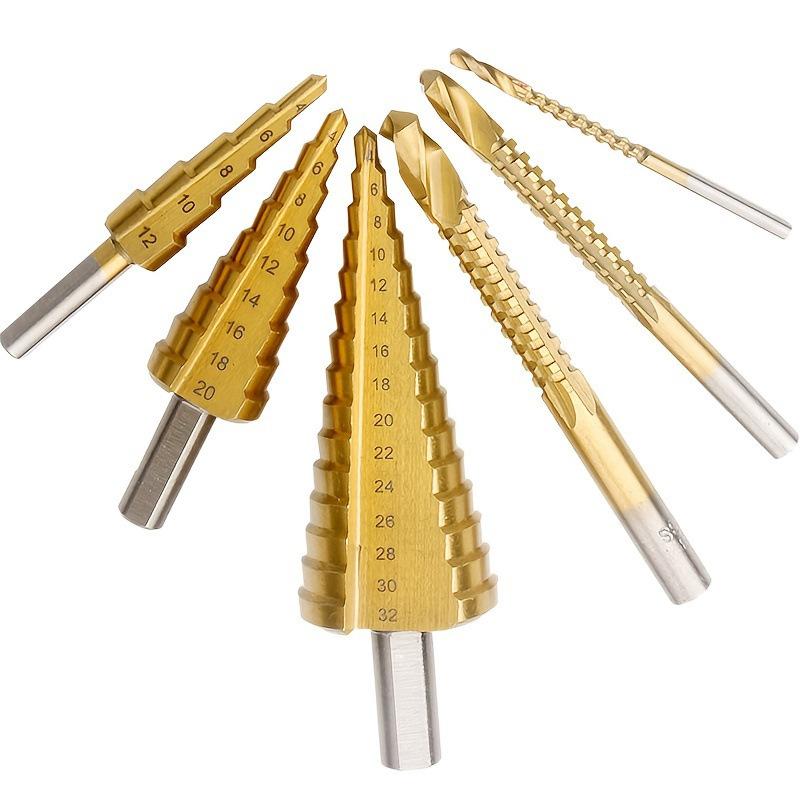 6pcs High-speed Steel 4241 Titanium Plated Step Drill Set, Triangular Handle Pagoda Drill, Woodworking Groove Saw Drill
