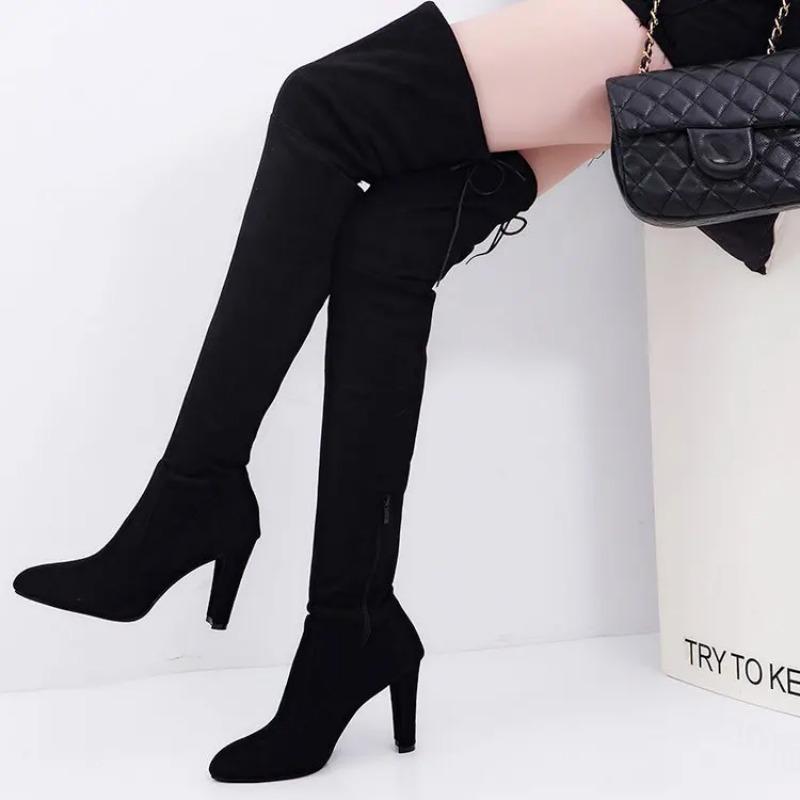 Winter Women Over The Knee Boots Stretch Fabrics High Heel Slip On Shoes Pointed Toe Woman Long Boots Size Plus Size 43