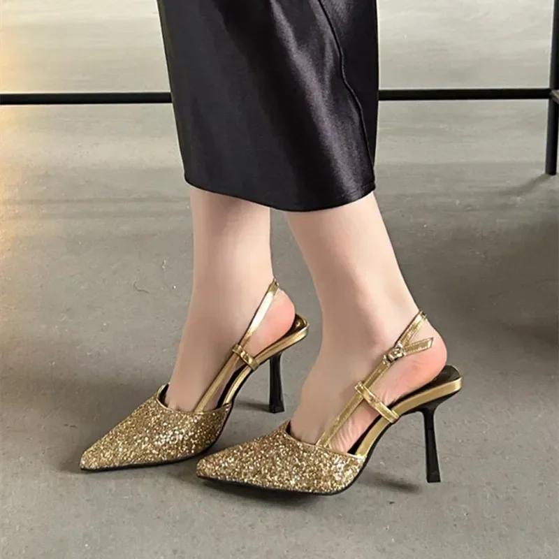 2025 Luxury Bling Design Mules Sandals Women Sexy Pointed Toe Thin High Heels Summer Back Strap Banquet Dress Shoes Women Pums